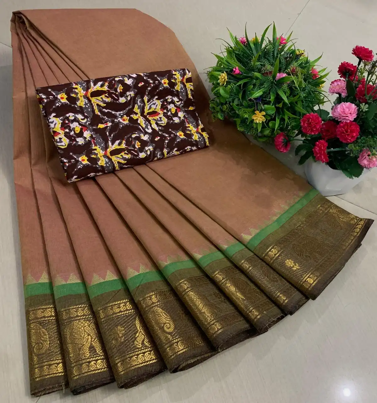 Peach Green Zari Border Kalamkari Blouse Pure Cotton Saree